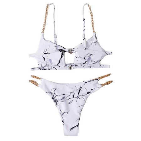 Lady Marble Print Chain Bikini Swimsuit